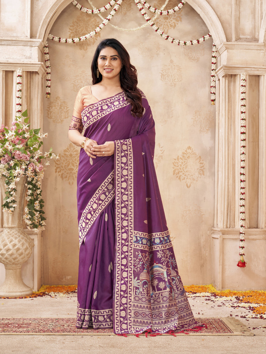 Soft Bangalore handloom raw silk saree with meenakari weaving work