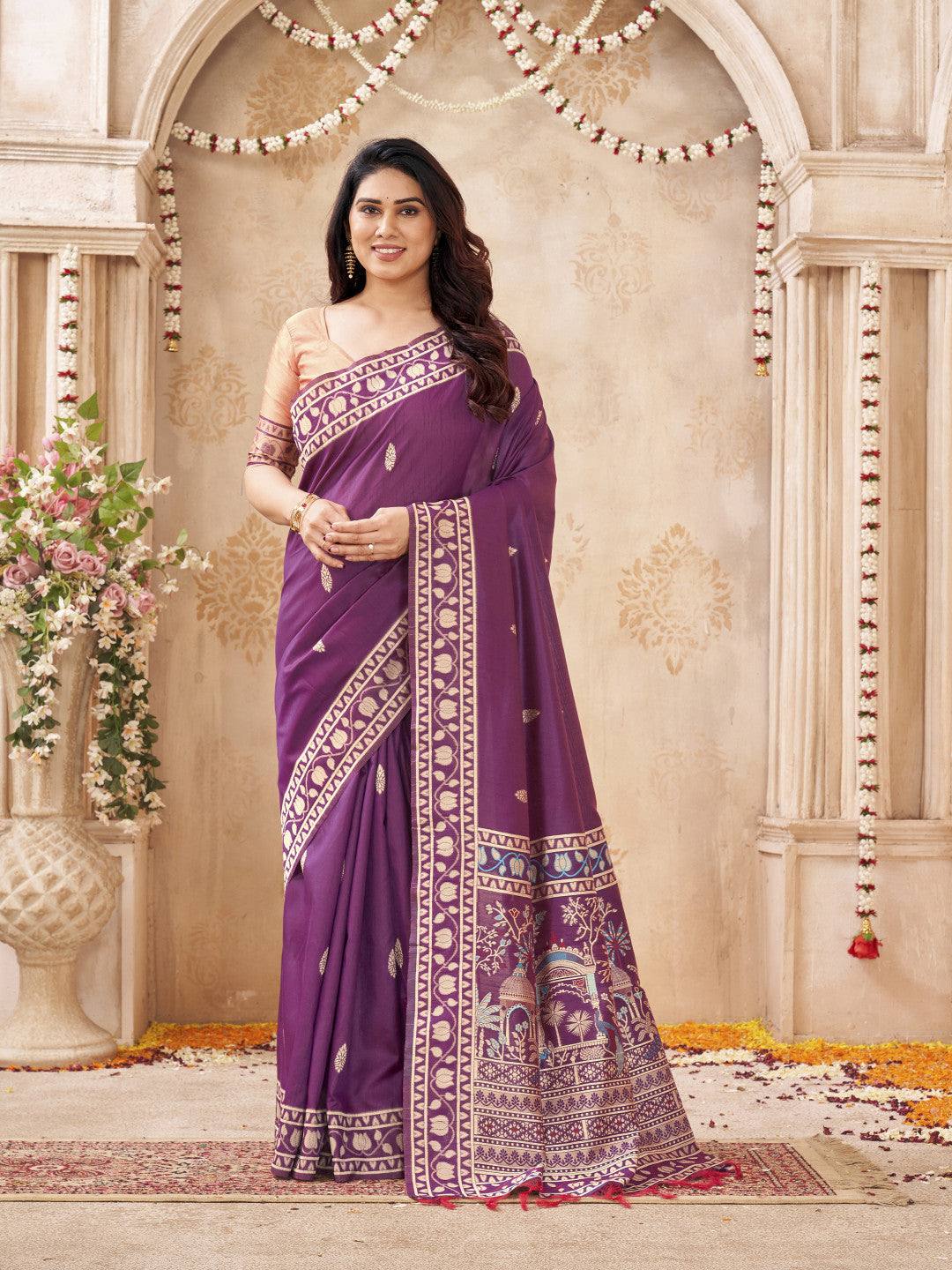 Soft Bangalore handloom raw silk saree with meenakari weaving work