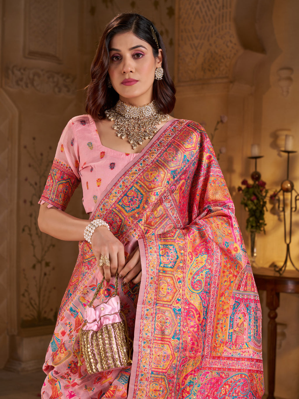 Traditional pashmina silk saree with woven design