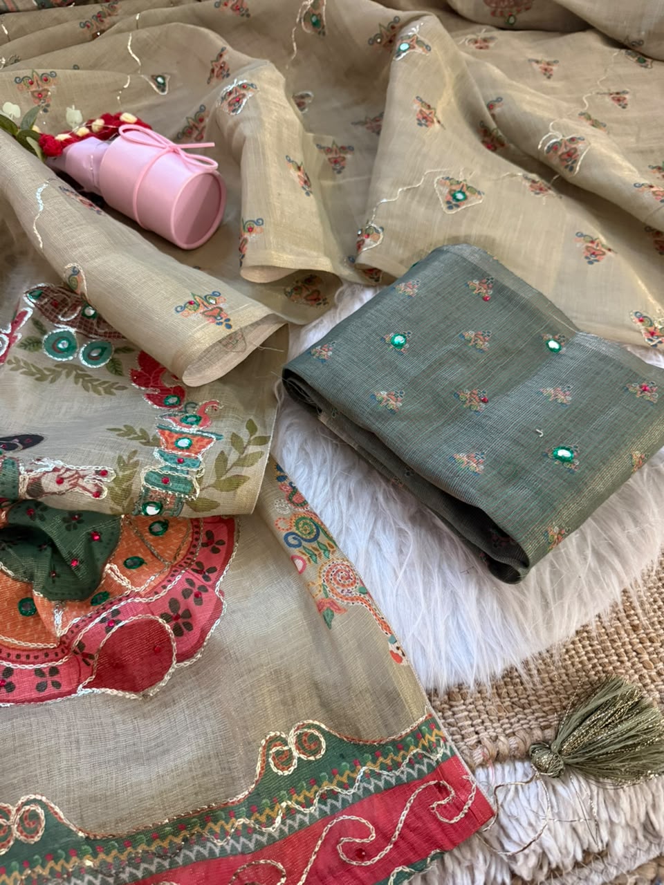 Beige color soft simar silk saree with embroidery and printed work
