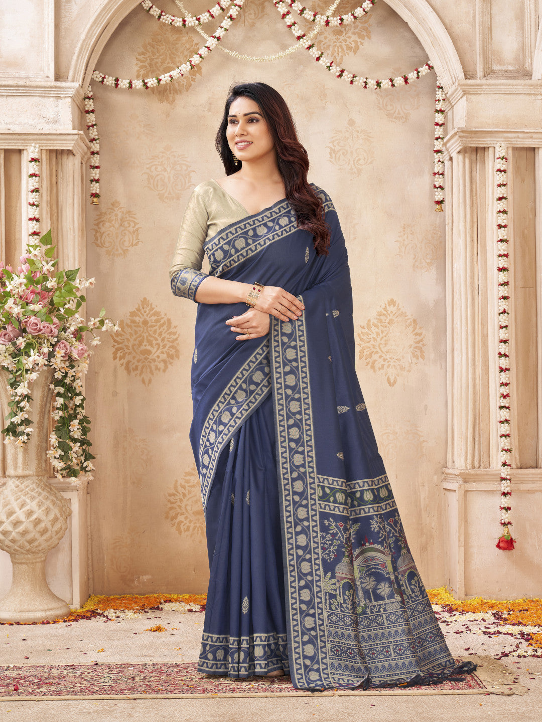 Soft Bangalore handloom raw silk saree with meenakari weaving work