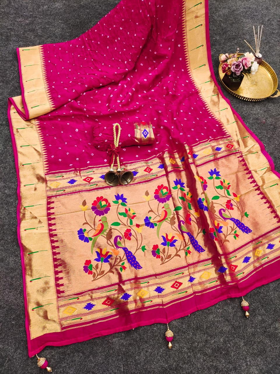 Soft viscose Modal hand bandhej paithani saree with Meena weaving work