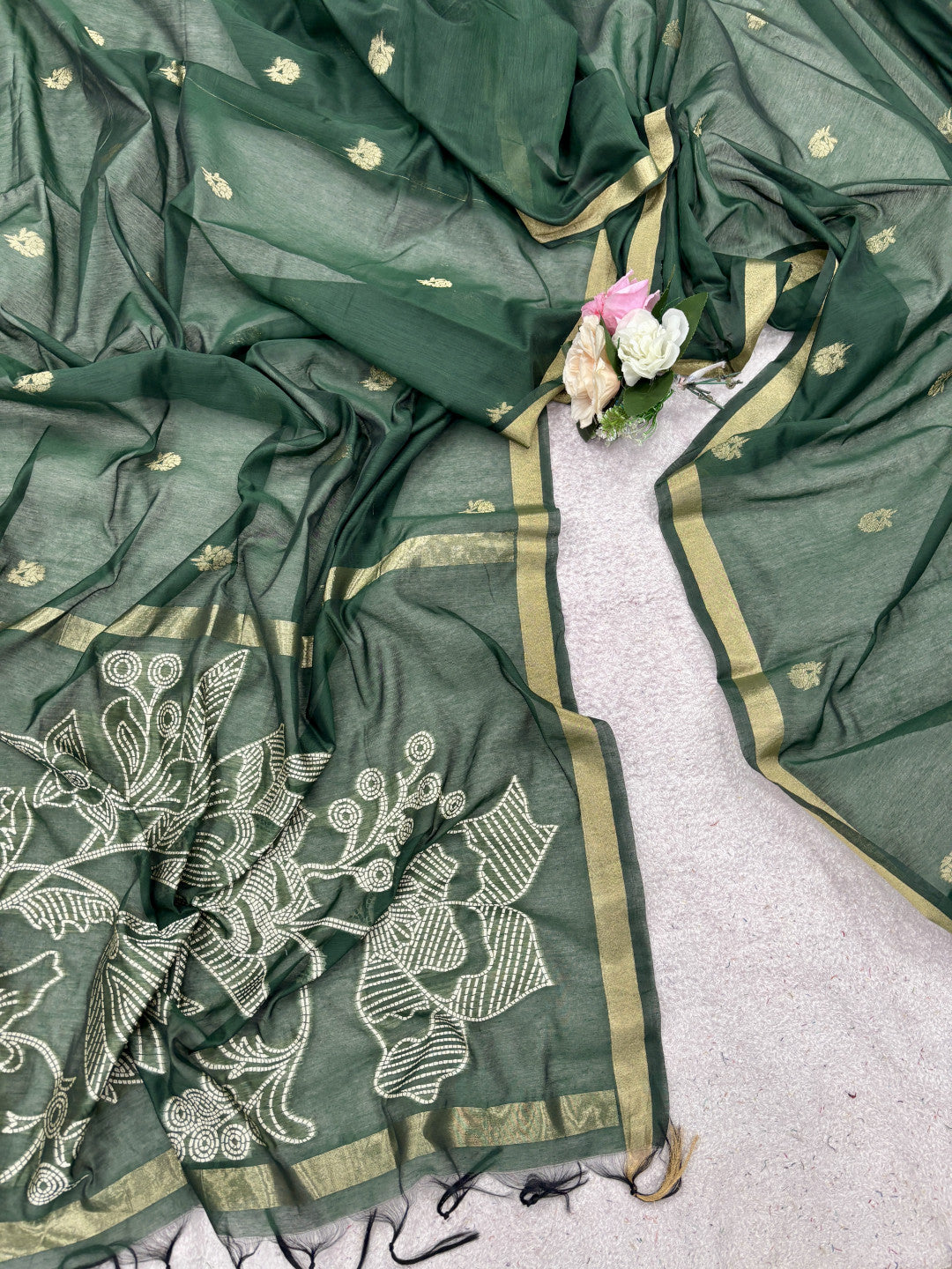 Pure muga cotton saree with floral thread weaving work