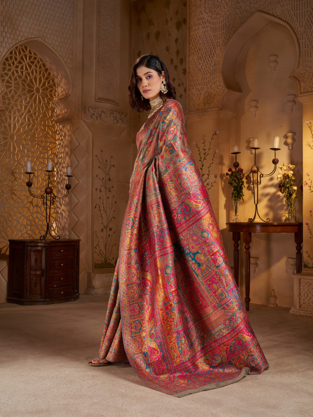 Traditional pashmina silk saree with woven design