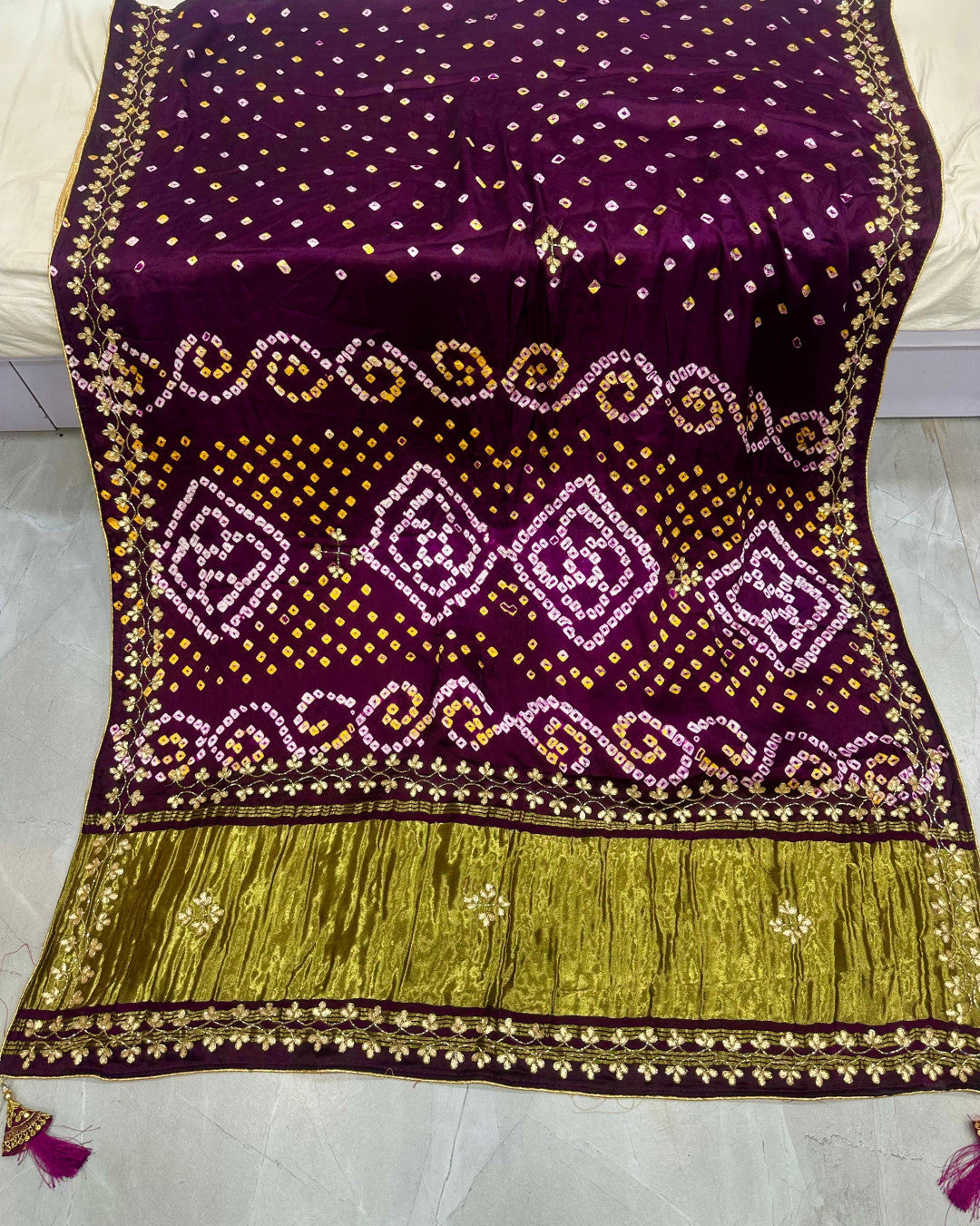 Bandhani Silk Saree with Golden Border