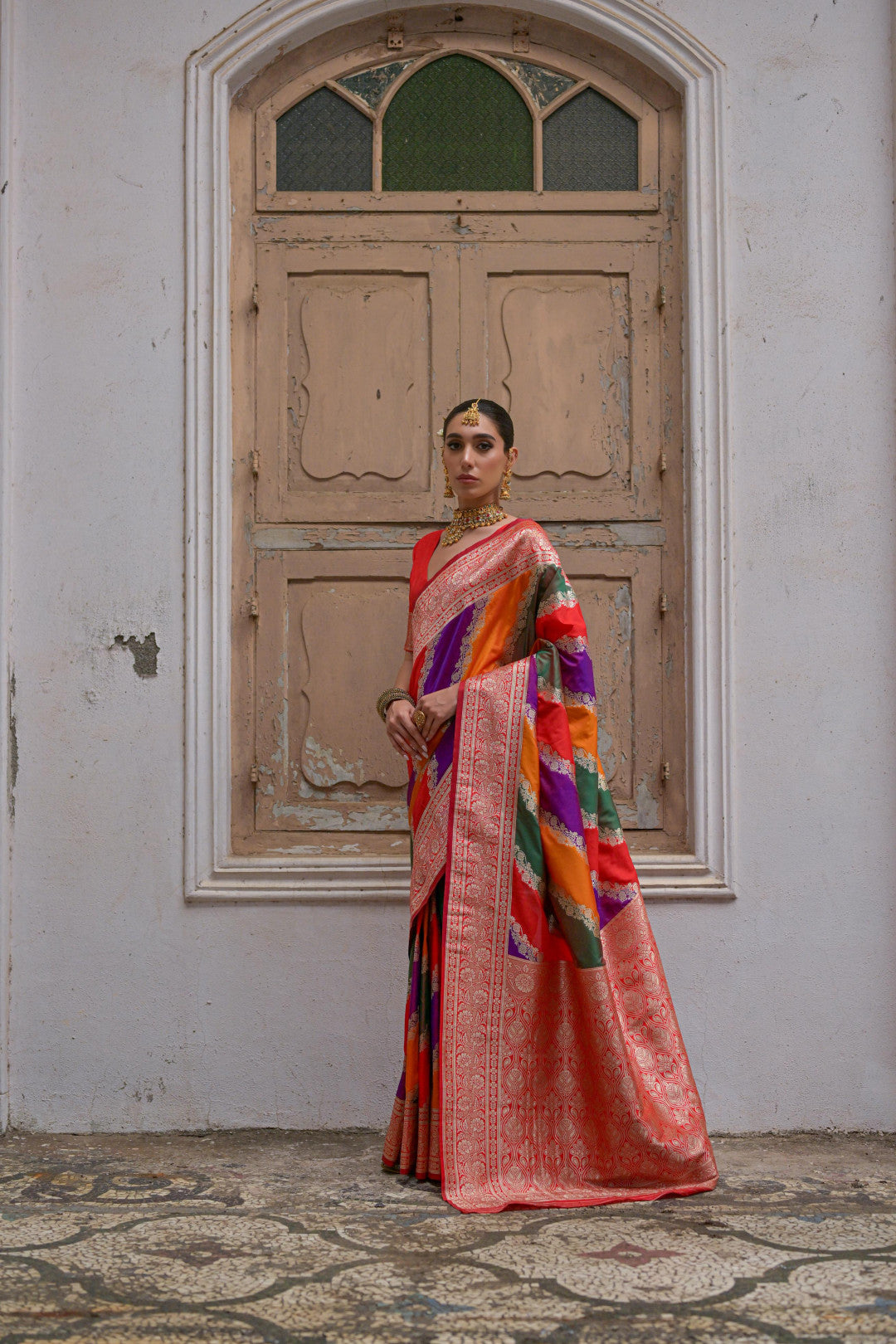 Multi traditional banarasi silk handloom saree with zari weaving work