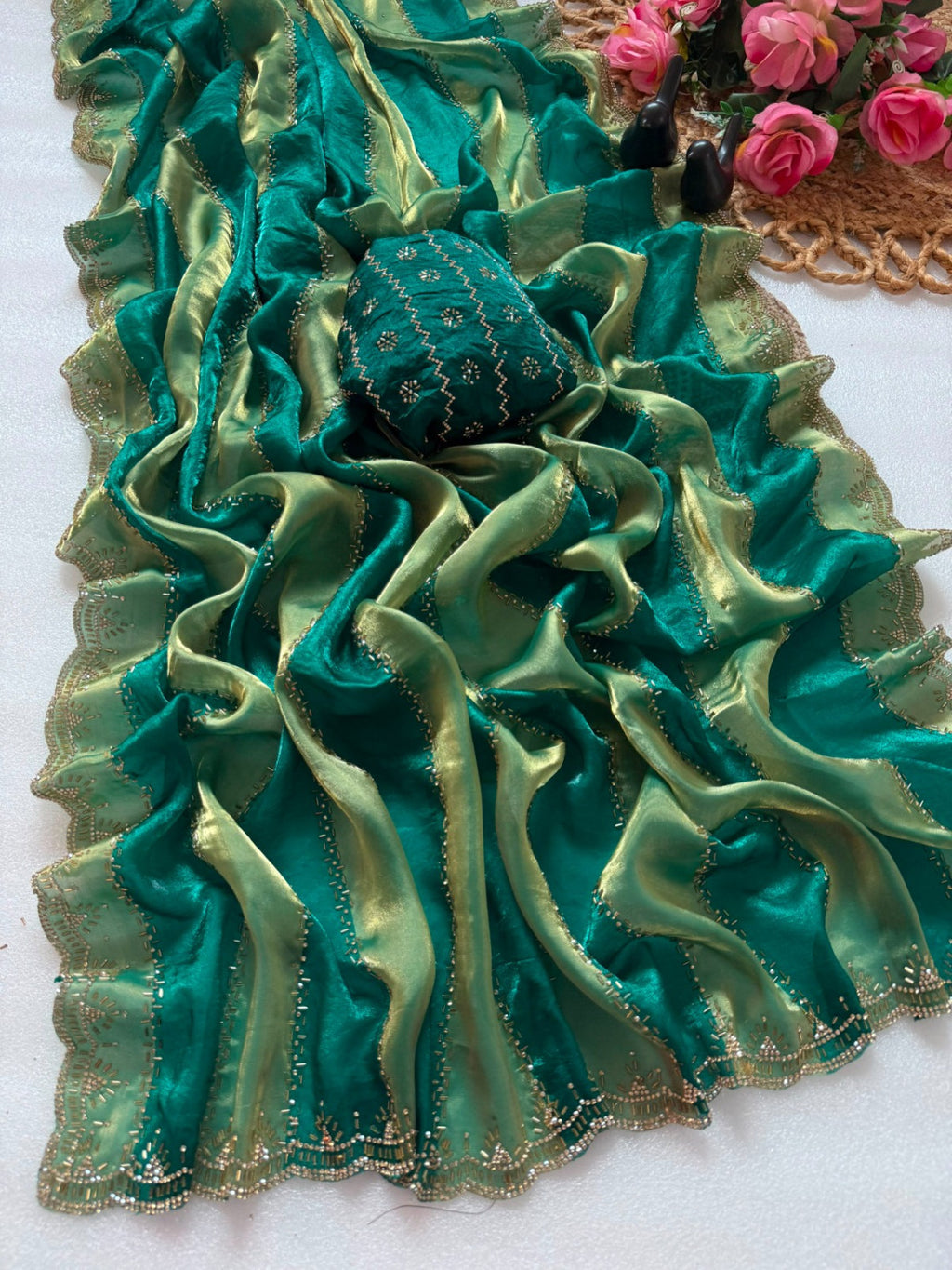 Fancy soft space silk saree with jarkhan and embroidery work