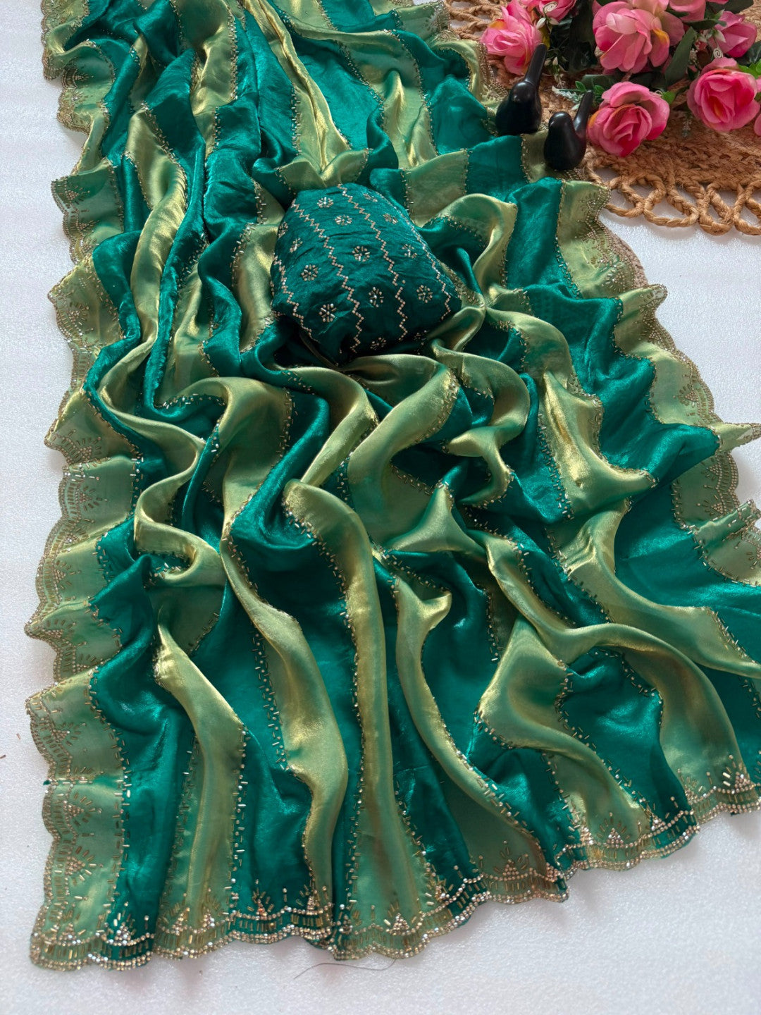 Fancy soft space silk saree with jarkhan and embroidery work