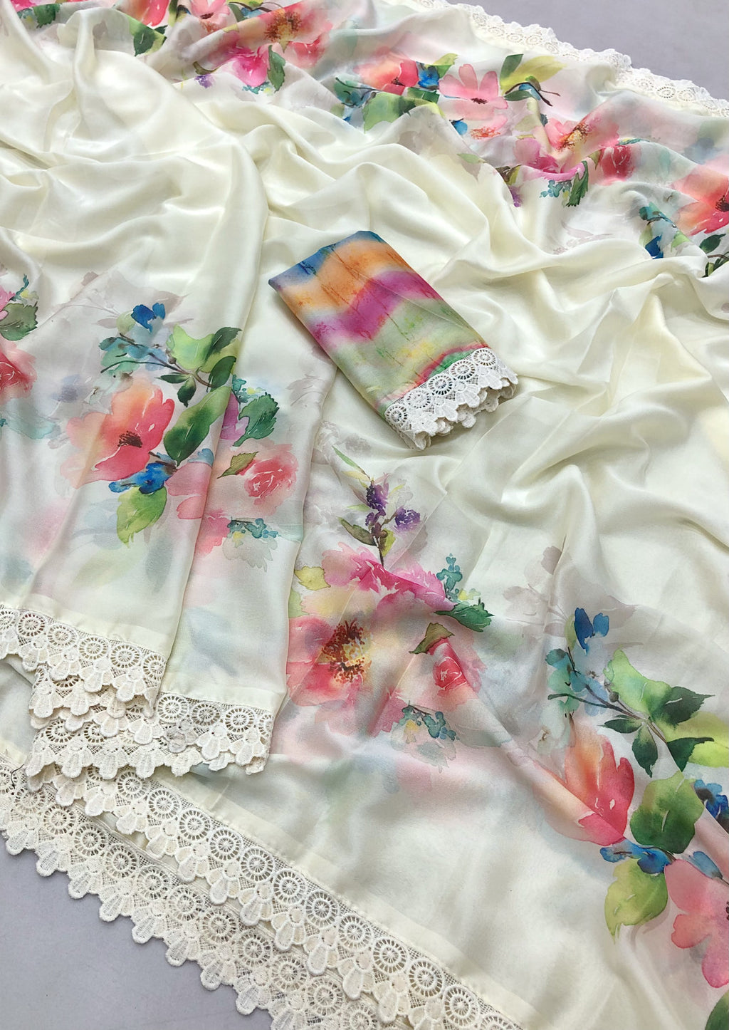 Off-White Chiffon Saree with Floral Print & Lace Border