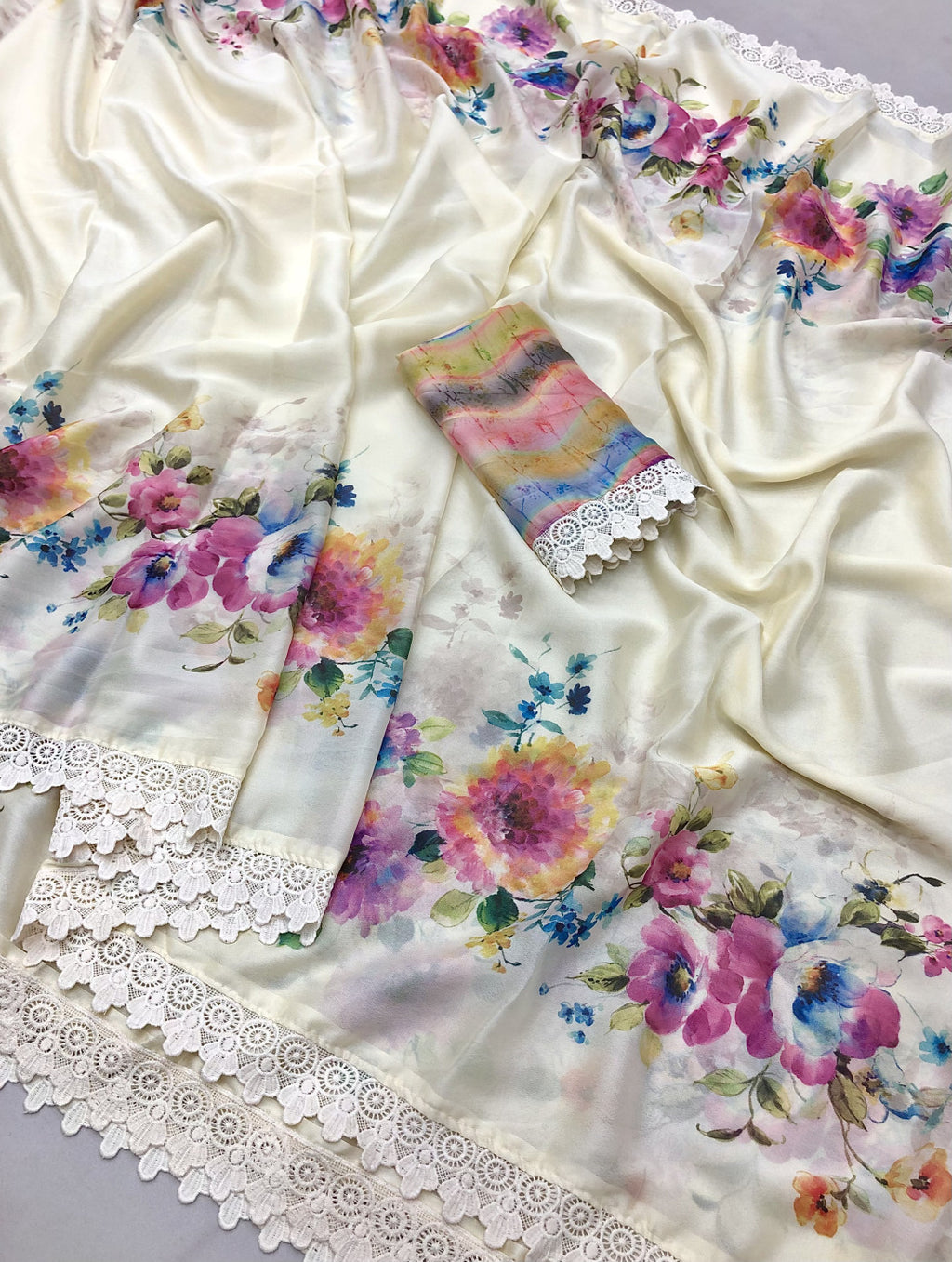Off-White Chiffon Saree with Floral Print & Lace Border