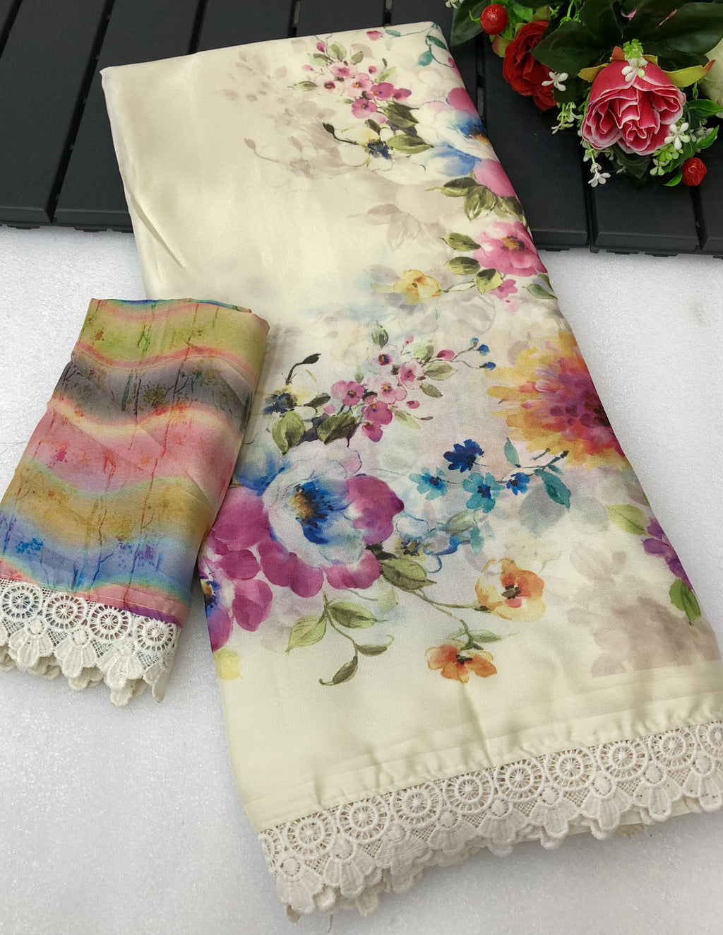Off-White Chiffon Saree with Floral Print & Lace Border